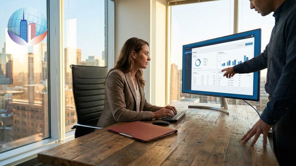 Business team reviewing a custom software development dashboard with Salterra Digital Services, contact us today to start your build.